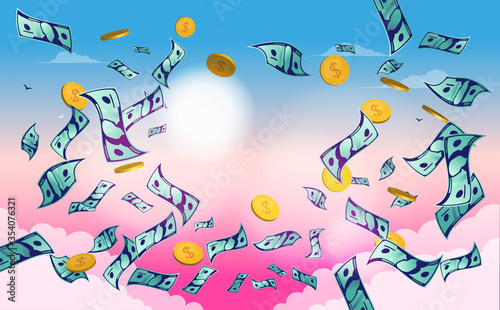 Money falling from the sky - Dollar bills and coins blowing in the wind with clouds and sun in background. Pennies from heaven, easy money, wealth and rich concept. Vector illustration. 