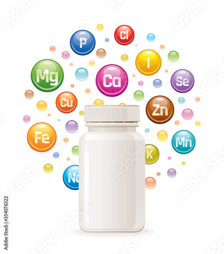 Multi mineral vitamin complex supplement. 3d mockup with empty bottle minerals. Calcium iron zinc selenium iodine magnesium. Trendy health multivitamin complex poster. Icon isolated white background