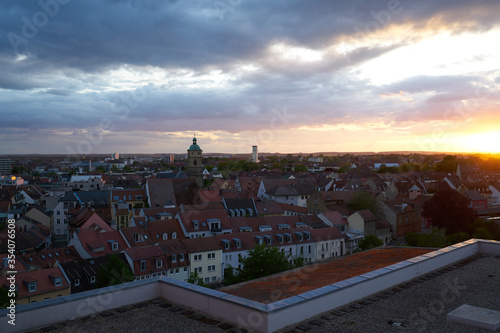 Scenery of Schweinfurt seen at sun set or rise, beautiful sky with lot of clouds in spring
