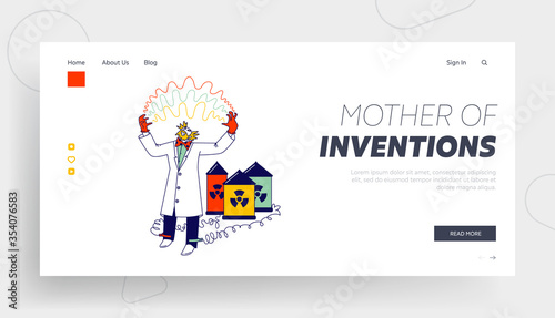 Crazy Character Conducting Experiments in Laboratory Landing Page Template. Mad Scientist Connect Wires of Toxic Batteries to Legs Has Electricity Discharge between Hands. Linear Vector Illustration