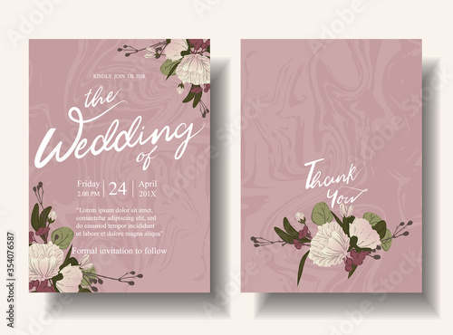 Front and back set of wedding cards, pink tone, marble pattern. Decorate the frame with dark, light beige flowers. illustration/Vector