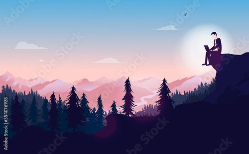 Remote work outdoors in nature - Man sitting on clip working on laptop with beautiful nature background. Personal freedom and flexible work hours concept. Vector illustration.