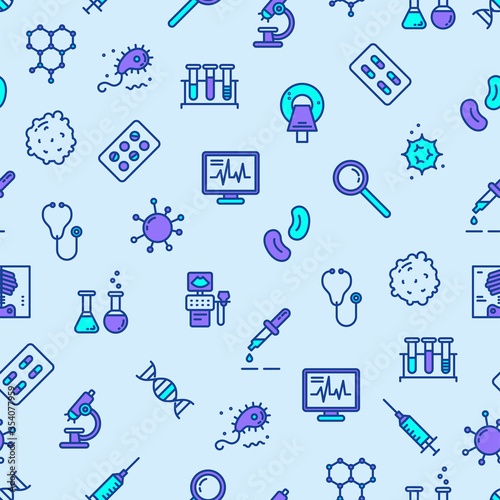 Seamless pattern medicine, laboratory, lab tests & healthcare, medical equipment, tools. Vector illustration. Medical science, microbiology, virology study, immune system and genetics analysis.