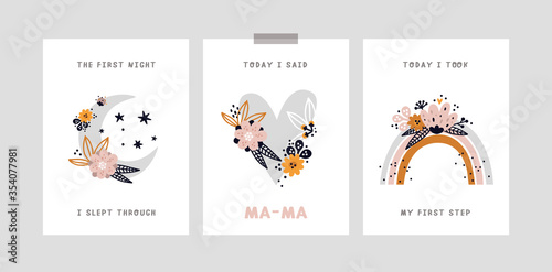 Baby milestone cards with cartoon characters for newborn girl or boy. Baby shower print capturing all the special moments. Baby month anniversary card. Nursery prints