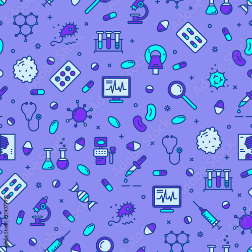 Seamless pattern medicine, laboratory, lab tests & healthcare, medical equipment, tools. Vector illustration. Medical science, microbiology, virology study, immune system and genetics analysis.