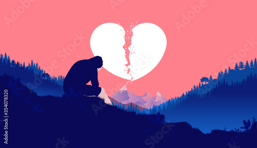 Heartbroken - Image of young male sitting outdoors with hood over head. Sky with big broken heart symbol in the background. Heartbreak, broken heart, sad, and sorrow concept. Vector illustration.