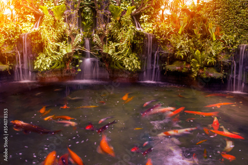 waterfall and Koi fish in pond at the garden .