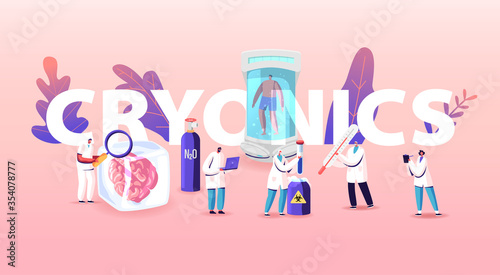 Modern Cryonics Technology Concept. Scientist Characters Develop Futuristic Hibernation Equipment, Cryogenic Camera with Sleeping Human Inside. Poster Banner Flyer. Cartoon People Vector Illustration