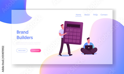 Digital Transformation, Roi, Return on Investment or Money Refund Concept Landing Page Template. .Businesspeople Characters with Calculator and Laptop Working. Cartoon People Vector Illustration