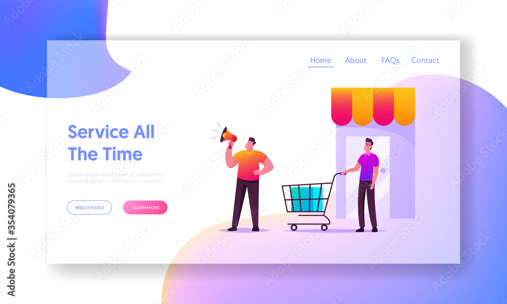 Customer Journey Landing Page Template. Alert Advertising Campaign, Pr Promotion. Man Character Shouting to Loudspeaker, Buyer with Shopping Trolley at Store. Cartoon People Vector Illustration