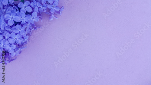 Lilac flowers on purple textured background. Spring flowers. Top view, flat lay. Spring concept with copy space.