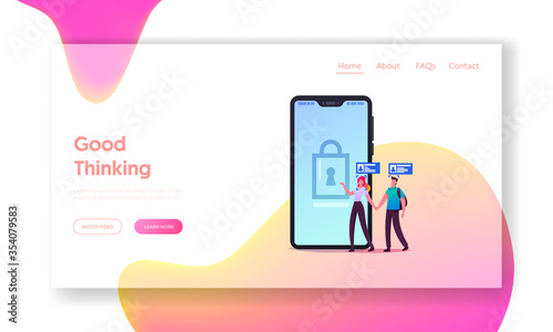 Security, Digital Technologies for Mobile Phone Landing Page Template. Tiny Characters Scan Face on Huge Smartphone, Id Verification or Biometric Facial Recognition. Cartoon People Vector Illustration