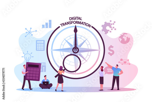 Data Analysis and Digitization Concept, Digital Transformation or Disruption, Financial Statistics, Big Data or Performance Measuring. Tiny Characters and Compass. Cartoon People Vector Illustration