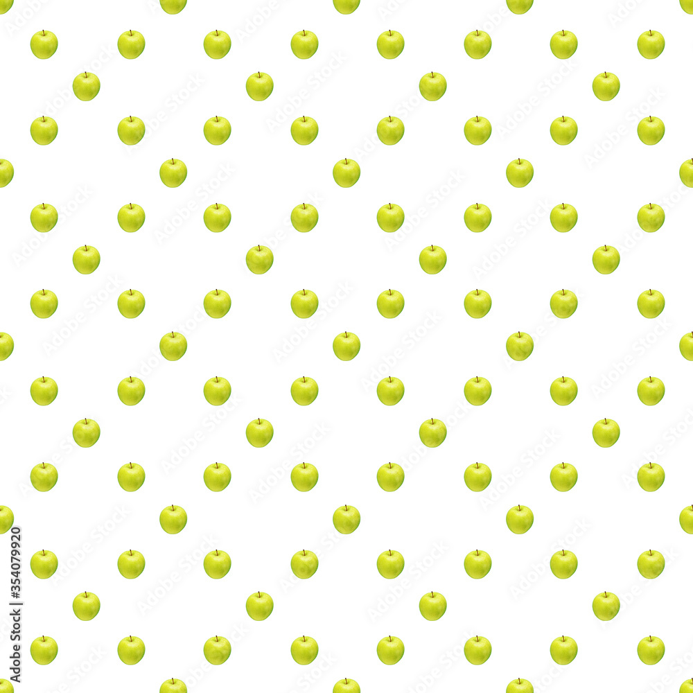 Pattern of green apples on a white background. Isolated fruits. Image for fabric, wallpaper and wrapping paper. Pattern of green apples on a white background. Isolated fruits. Image for fabric, wallpaper and wrapping paper.