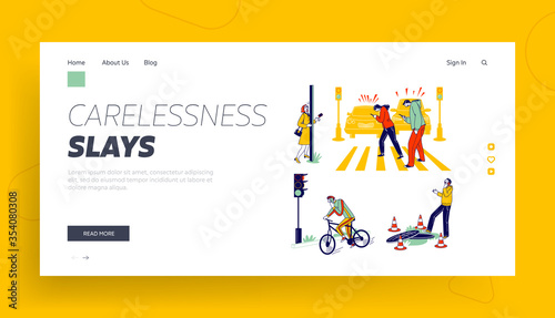 Characters Carelessness while Use Smartphones Landing Page Template. Men, Women, Teenagers Chatting and Communicate Using Gadgets Crossing Road, Walking on Street. Linear People Vector Illustration