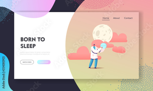 Insomnia Treatment, Problem with Sleep Landing Page Template. Tiny Doctor Character Carry Huge Pill under Full Moon. Medication Pharmaceutic Remedy for Good Dream at Night. Cartoon Vector Illustration