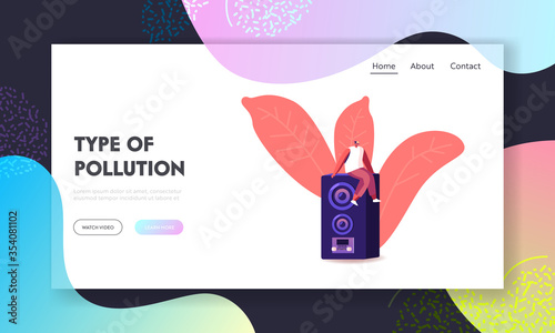 Noise Pollution Landing Page Template. Male Character Leisure, Recreation Hobby. Cheerful Tiny Man Sitting on Huge Dynamics Listen Loud Music at Karaoke Bar or Night Club. Cartoon Vector Illustration