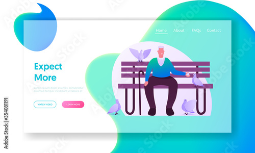 Society Old People Group Market Segmentation Landing Page Template. Senior Man Sitting on Bench in Park or Home Yard Feeding Doves. Aged Male Character Sparetime, Leisure. Cartoon Vector Illustration