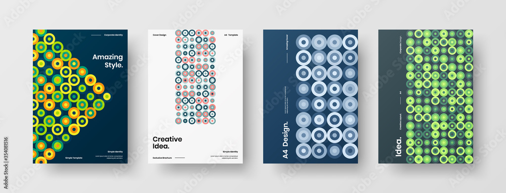 Fototapeta premium Company identity brochure template collection. Business presentation vector A4 vertical orientation front page mock up set. Corporate report cover abstract geometric illustration design layout bundle.
