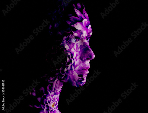 Double exposure of young woman and flowers.