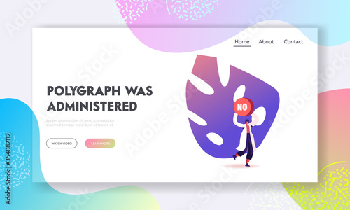 Polygraph, Lie Detector Examination Landing Page Template. Tiny Female Character Carry Word No above Head. Woman Pass Job Interview with Employer or Police Interrogation. Cartoon Vector Illustration