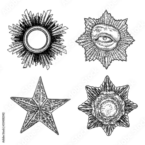 Set of design elements. Christmas and New Year star,  Masonic symbol, mysteries of mankind knowledge , medieval occultism, Golden halo star, angel and saints ring in star shape design element.