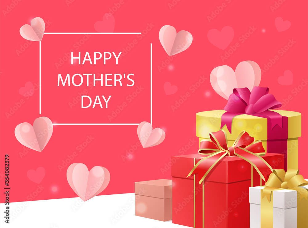 Happy Mothers Day card design with decorative gifts and floating hearts around text in a simple frame over pink, colored vector illustration