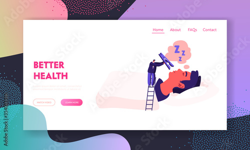 Snore Disease Landing Page Template. .Tiny Male Character Stand on Ladder Put Huge Pin on Nose Snoring Man Lying in Bed with Open Mouth. Breathing Health Disorder. Cartoon People Vector Illustration