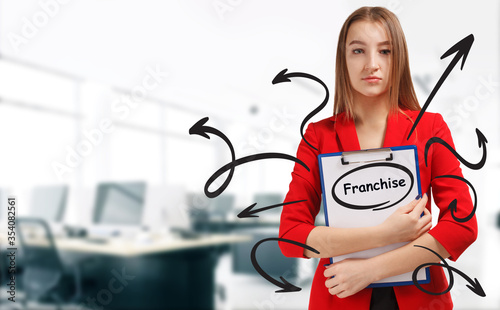 Business, technology, internet and network concept. Young businessman shows a keyword: Franchise