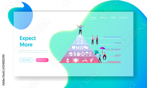 Human Needs Landing Page Template. Character on Top Maslow Hierarchy Pyramid Separated on Sections Physiological, Safety, Love Belongings Esteem Self- Actualization. Cartoon People Vector Illustration