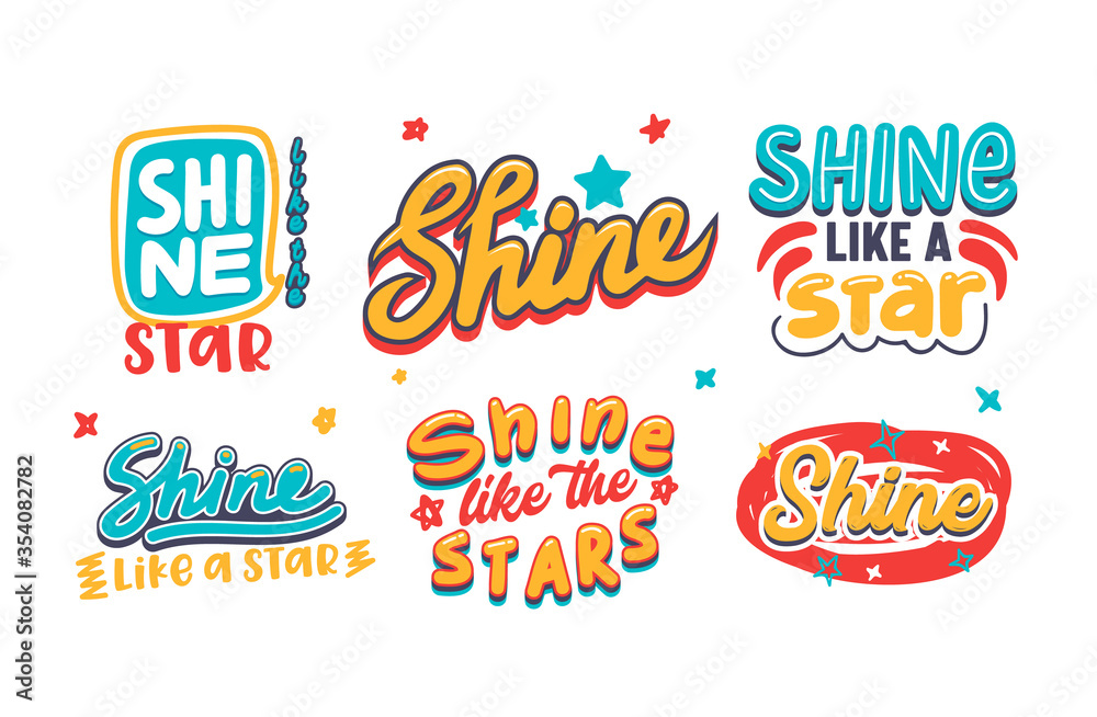 Set of Banner with Shine Like a Star Typography, Cartoon and Doodle Elements Isolated on White Background. Greeting Card Phrases. Vector Illustration, Icons, Badges or Prints Creative Collection