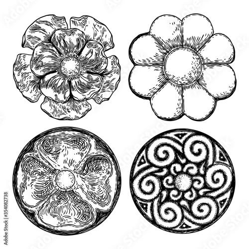 Set of beautiful hand drawn baroque elements or vintage flower patch for scarf, print or fabric design. Decorative marble stone architecture element. Circular floral style. Vector.