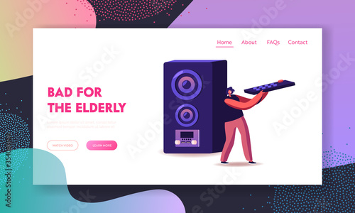 Noise Pollution Landing Page Template. Woman Stand at Huge Dynamics Holding Remote Control for Making Sound On. Character Listen Loud Music at Home, Bar or Night Club. Cartoon Vector Illustration