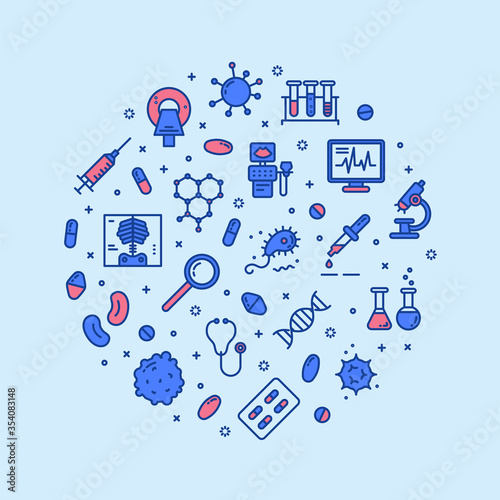 Medical research, clinical laboratory, lab tests & healthcare, medical equipment design element. Medical science, microbiology, virology study, immune system and genetics analysis. Vector outline icon