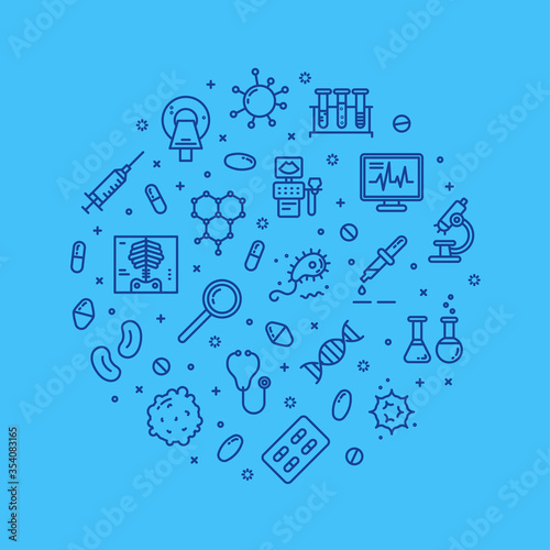 Medical research, clinical laboratory, lab tests & healthcare, medical equipment design element. Medical science, microbiology, virology study, immune system and genetics analysis. Vector outline icon