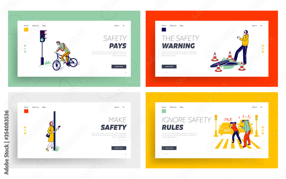 Characters Carelessness while Use Smartphones Landing Page Template Set. Men, Women, Teenagers Chatting and Communicate Using Gadget Crossing Road, Walking on Street. Linear People Vector Illustration