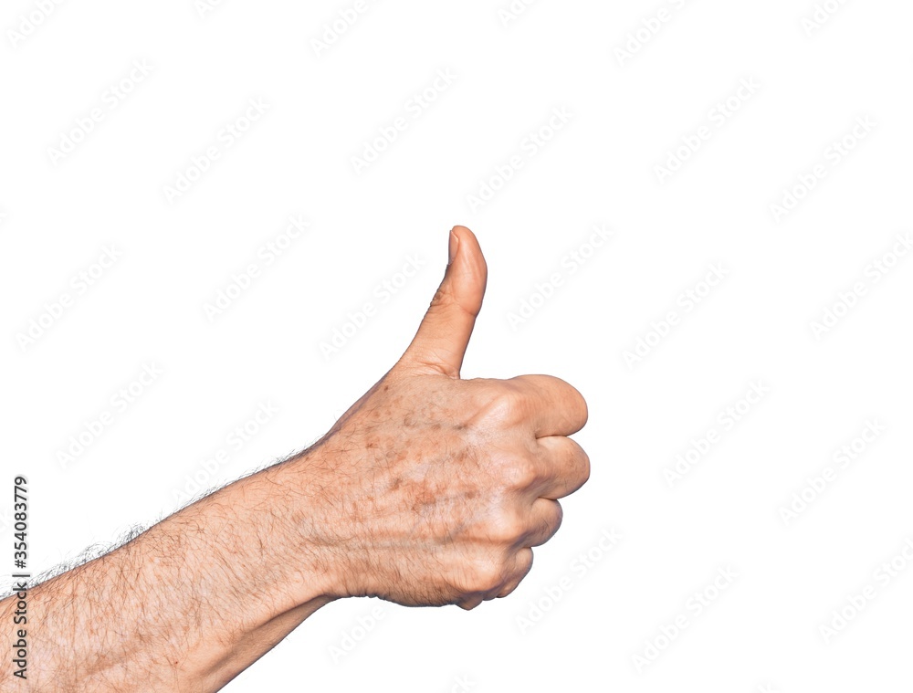 Hand of caucasian middle age man over isolated white background doing successful approval gesture with thumbs up, validation and positive symbol