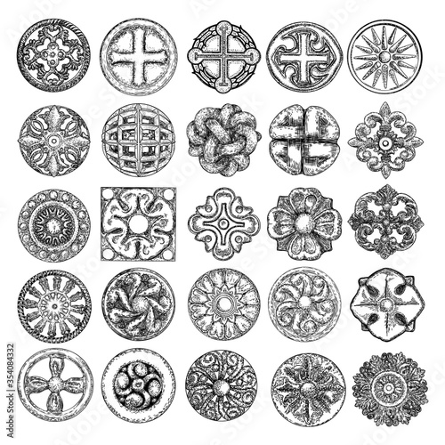 Large set of baroque ancient vintage style flowers design elements and other religious or mystic drawings. Geometric shape star, crystals, Pentagram and Cross. Religious circle symbol. Vector.