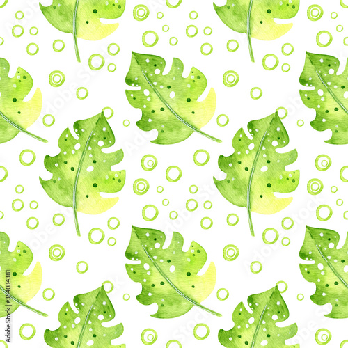 Seamless pattern with watercolor green tropical leaves and plants  dense jungle. Hand painted leaf yellow and pink. Texture with tropic  may be used as background  wrapping paper wallpaper design. 