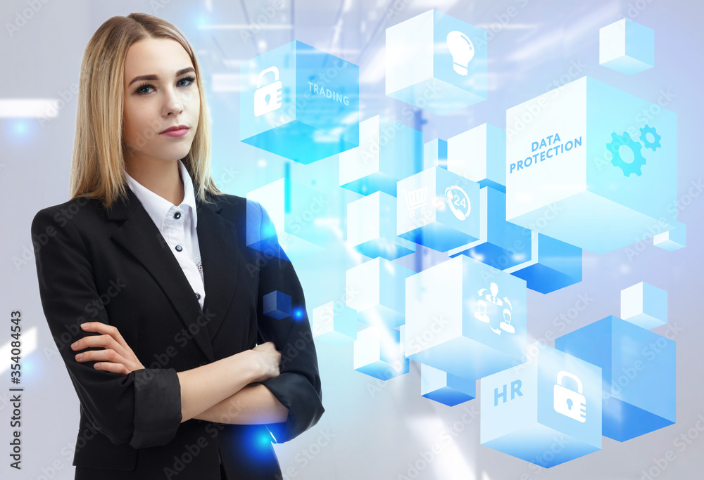 Business, Technology, Internet and network concept. Young businessman working on a virtual screen of the future and sees the inscription: Data protection Business, Technology, Internet and network concept. Young businessman working on a virtual screen of the future and sees the inscription: Data protection