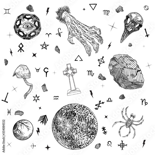 Occult alchemy pagan magic symbols set. Witchcraft symbols and black moon. Spiritual art of occultism and witch craft with random starry mystic fantasy background. Witch hand with nails, veins. Vector