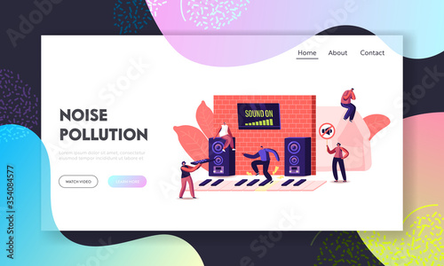 Noise Pollution Landing Page Template. Tiny Characters Cover Ears to Avoid Annoying Sounds made by Neighbours Playing Music and Tv. People Suffer of Loud Noise Tinnitus. Cartoon Vector Illustration