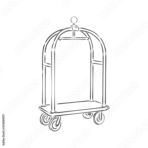Big empty arrival move handcart basket truck on white background. Luggage cart, vector sketch illustration