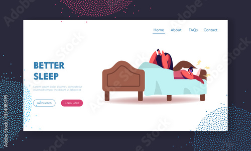 Husband Suffering of Sleeping Wife Snoring Landing Page Template. Female Character Snore at Sleep. Breathing Disease, Asleep Angry Man Cover Ears with Pillow in Bed. Cartoon People Vector Illustration