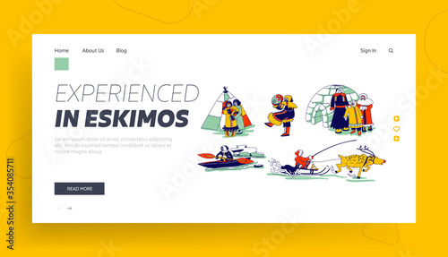 Eskimo Characters in Traditional Clothes and Arctic Animals Landing Page Template. Esquimau Family Mother, Father and Kid. Eskimos People on Kayak, Igloo, Life in Far North. Linear Vector Illustration