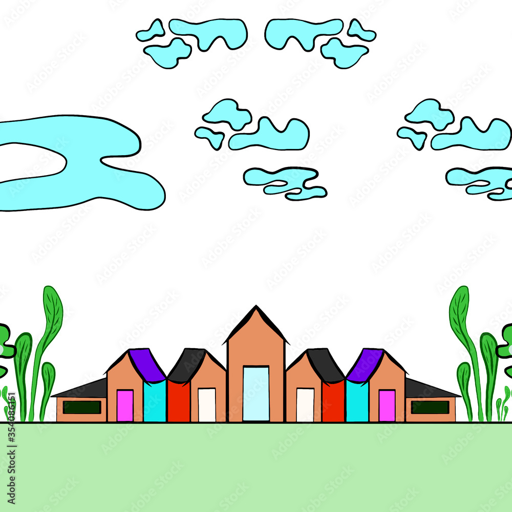 Panoramic nature scene,colorful cottage on green lawn and beautiful botanical garden,rural village,blue cloud as backdrop.Creative with illustration in flat design.