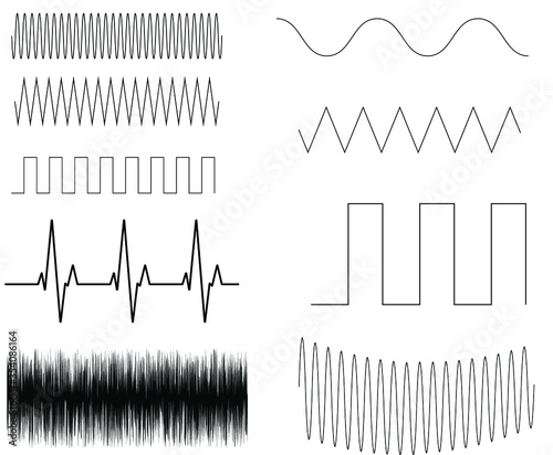 Graphic design elements. Wave line and wavy lines of a zigzag pattern. The set of elements of the outline of the sign border. Oscillogram.Stock vector illustration on white isolated background.