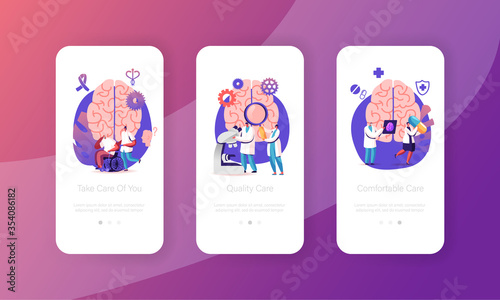 Alzheimer and Dementia Disease Symptoms Mobile App Page Onboard Screen Template. Tiny Doctor Character Magnifying Huge Human Brain. Memory Loss Problem Concept. Cartoon People Vector Illustration