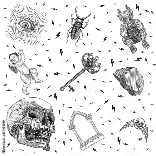 Set of alchemy, witchcraft magic, and occult mysticism with various occultism symbols. Antique gravestone or tombstones, cherub angel, human skull, key, crystal, eye, gargoyle, thunder. Vector.