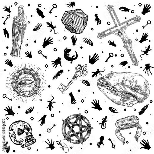 Occult medieval ancient book elements. Witchcraft occultism mystic alchemy symbols. Sacred craft art. Key, human and dog skull, eye, crystal, Maria with baby Jesus, frog, cross crucifixion. Vector.